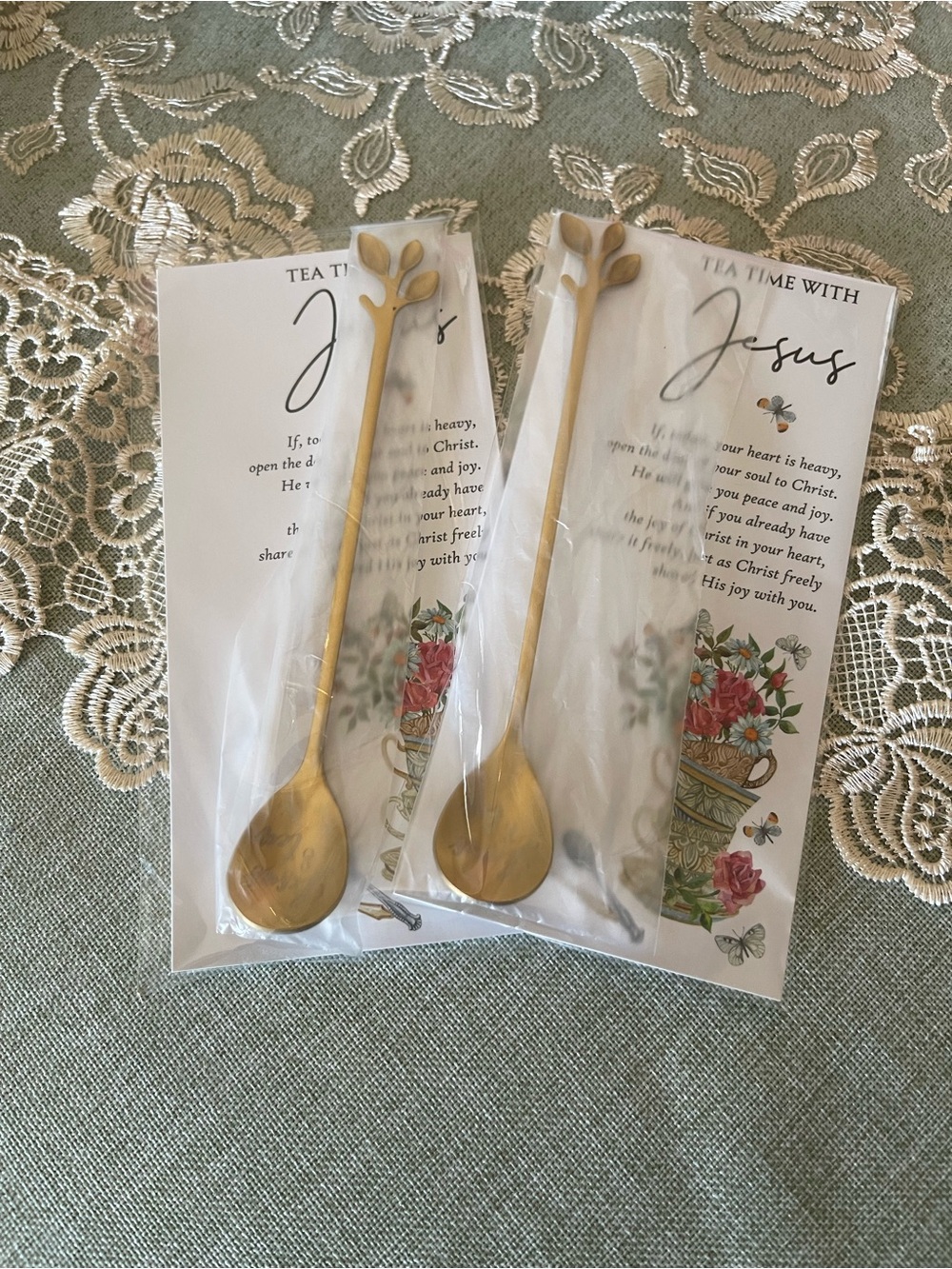 Gold Leaf-Top Tea Spoons w/Prayer Card Set of 2